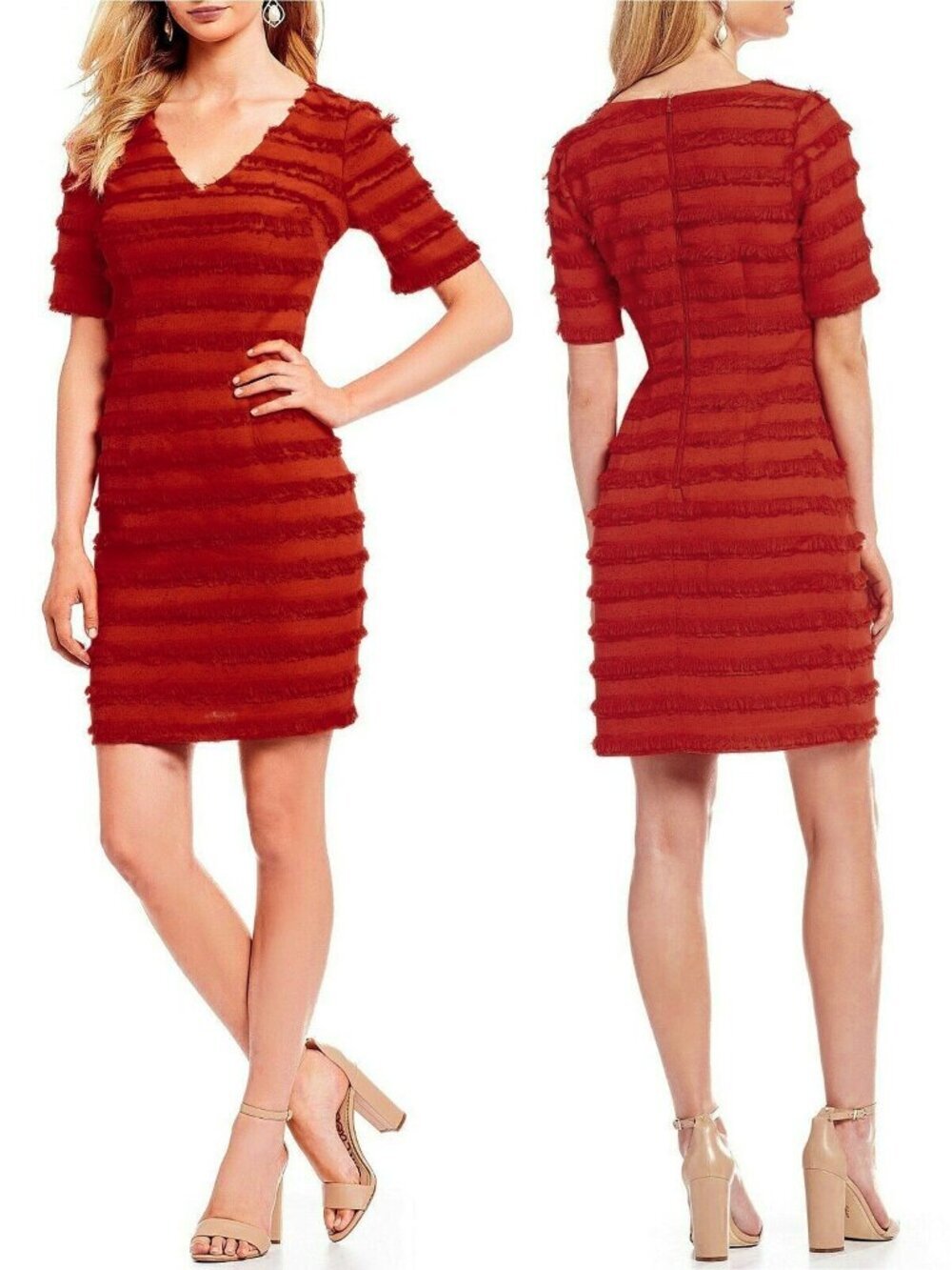 NWT Belle Badgley Mischka Grace Red Fringe Frayed V-Neck Cocktail Sheath Dress